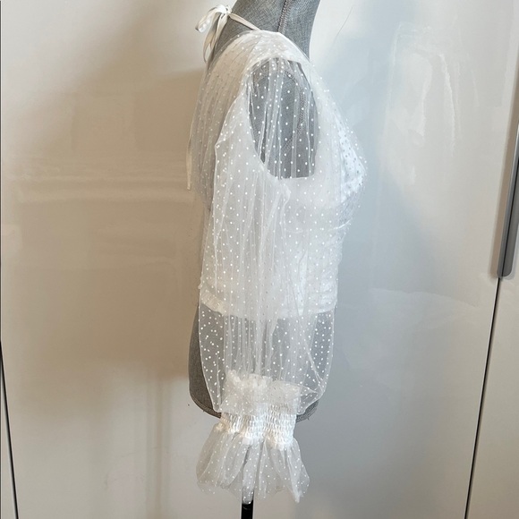 NWOT Elegant White Sheer Chiffon Deep V Puff Sleeve Top, Size M - Picture 8 of 11